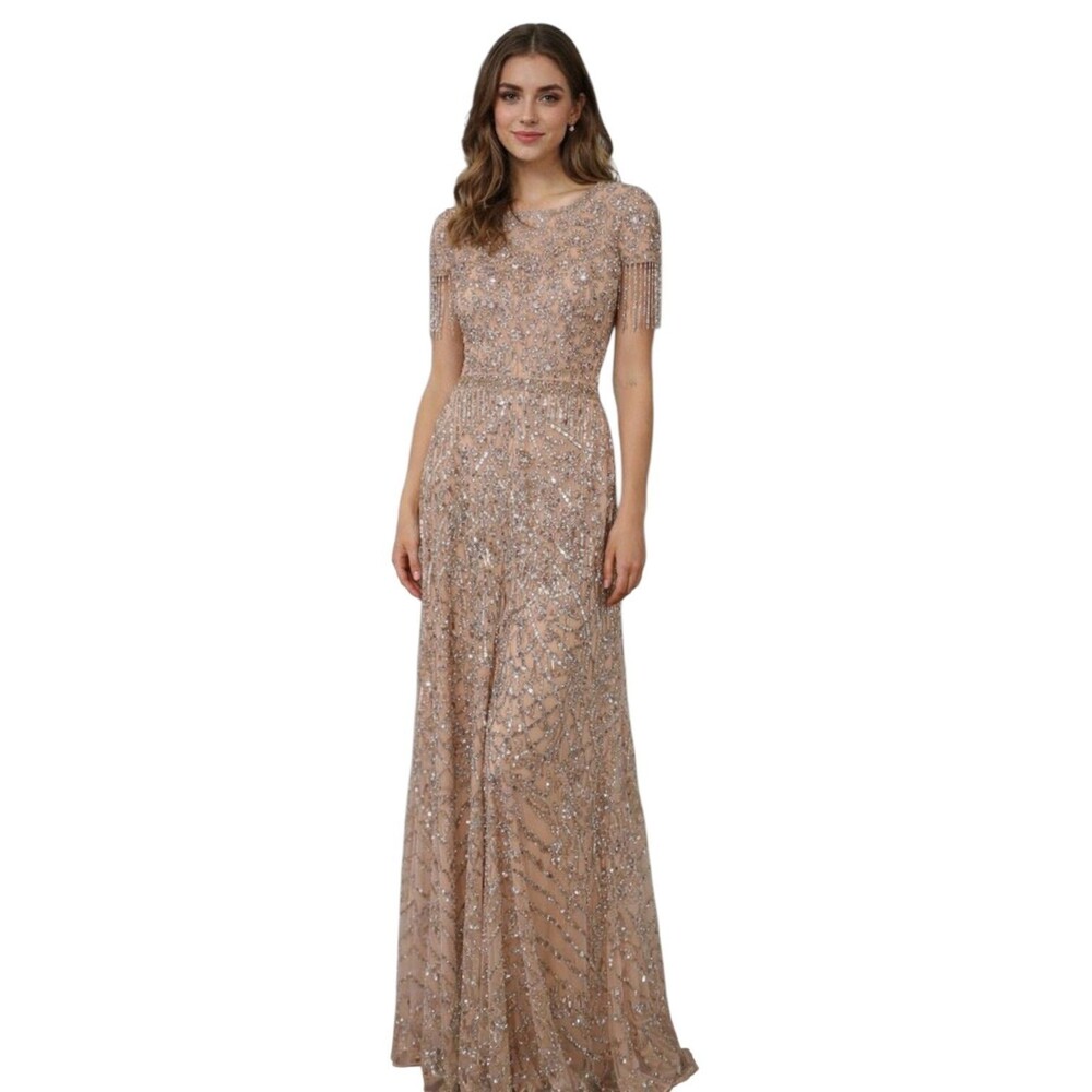 Mac Duggal Size 8 #4715 Platinum Embellished Cap Sleeve Mermaid Gown Dress *read